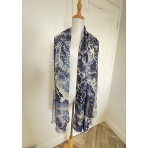 Women's Shawl Scarf 75"L x 35"W Blue Gray Black Abstract NYC Design Modern Denim